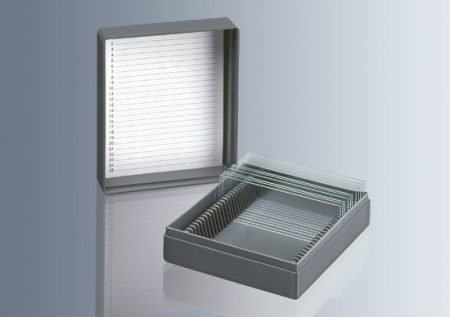 Tárgylemeztartó doboz, műanyag, PS,  25 részes, szürke